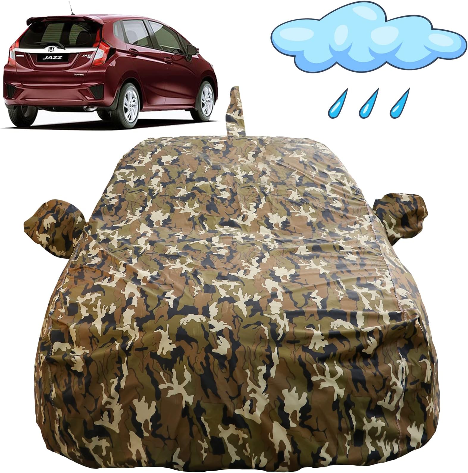 Autofact Waterproof Car Body Cover Compatible with Honda Jazz (2015 to 2022) with Mirror and Antenna Pockets (Camouflage Design)
