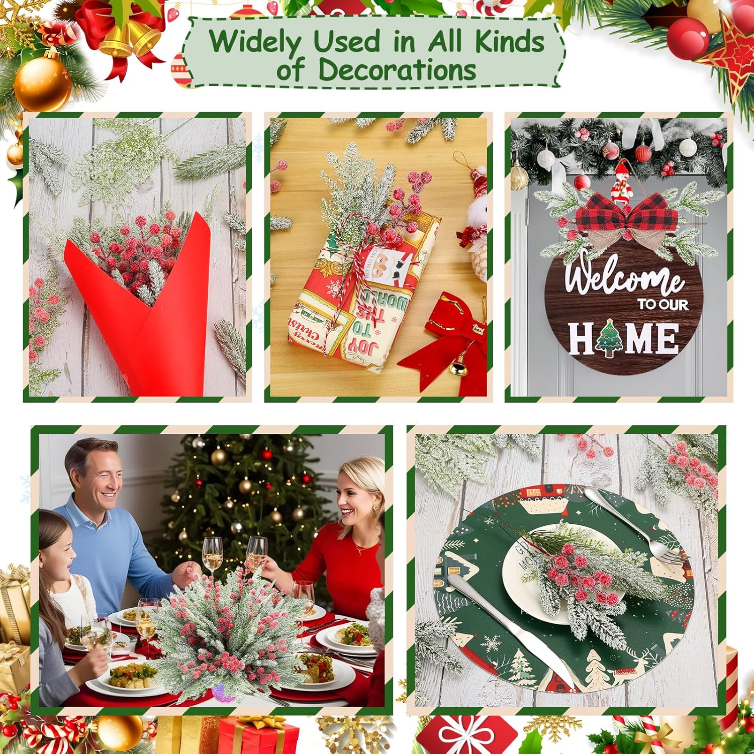 70個 クリスマス 雪に覆われた松の枝 緑 - 人工松葉枝 レッドベリー茎 フェイクシダーパイン DIY クリスマスツリー クリスマ