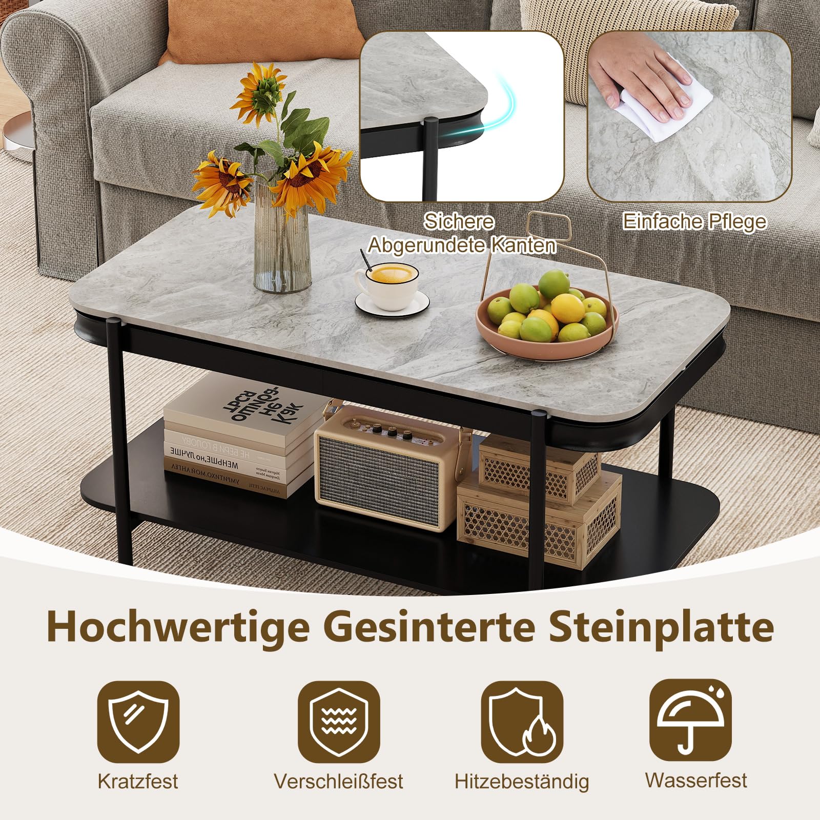 COSTWAY Couchtisch Marmor, Wohnzimmertisch mit 2 Ebenen & Metallrahmen, Sofatisch rechteckig, moderner Kaffeetisch für Wohnzimmer und Büro, 90 x 50 x 45,5 cm (Grau)