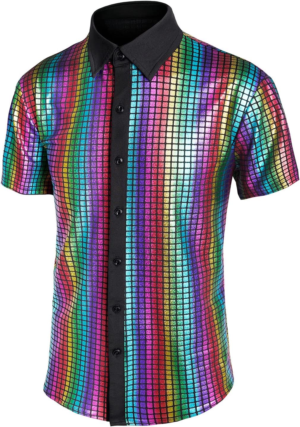 Men's 70s Disco Shirt Sequin Short Sleeve Button Shirt Shiny Party Prom Costume - Image 2