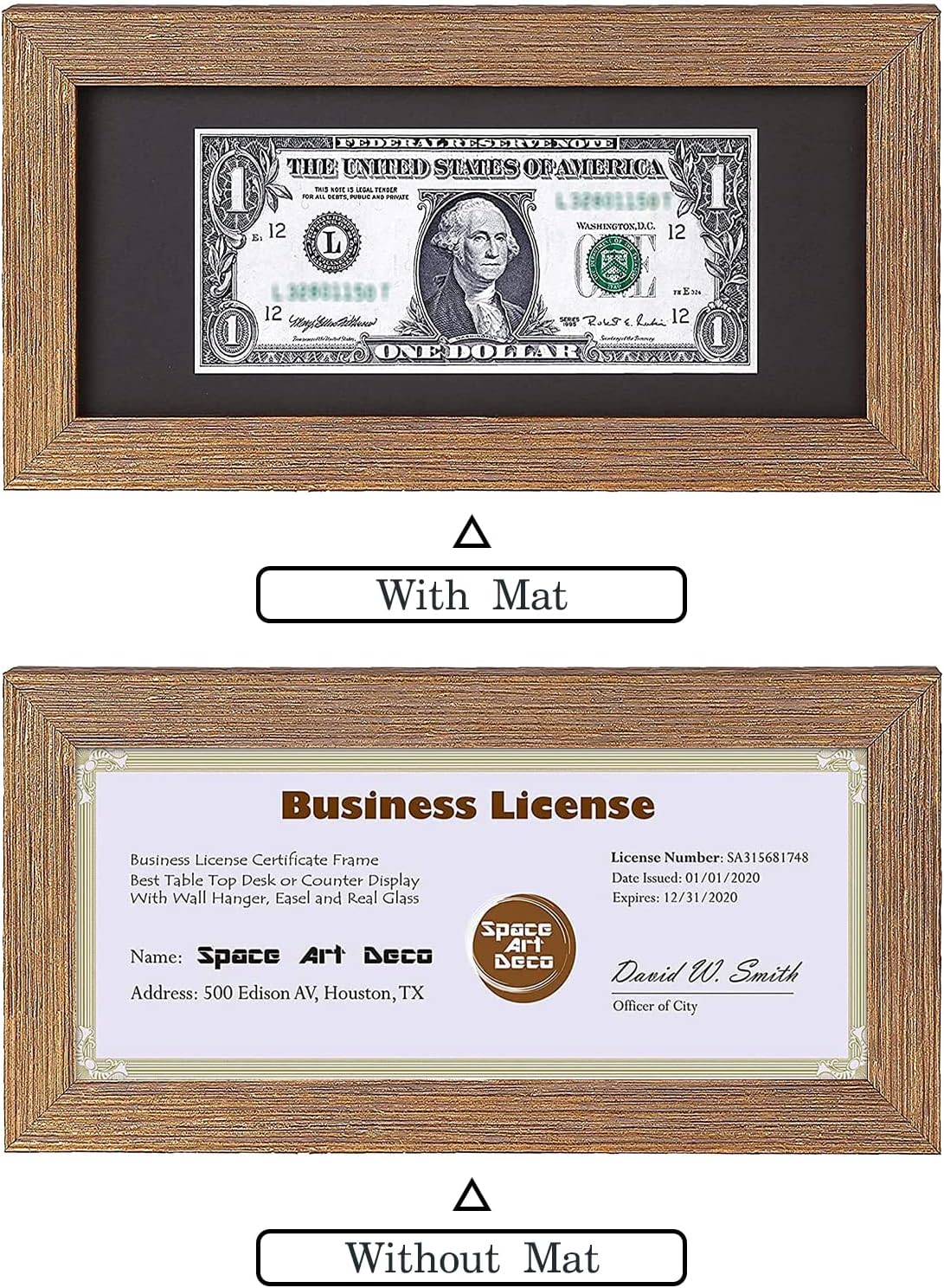 4x9 First Dollar Bill Frame,Easel Stand & Real Glass,Gold Texture Design