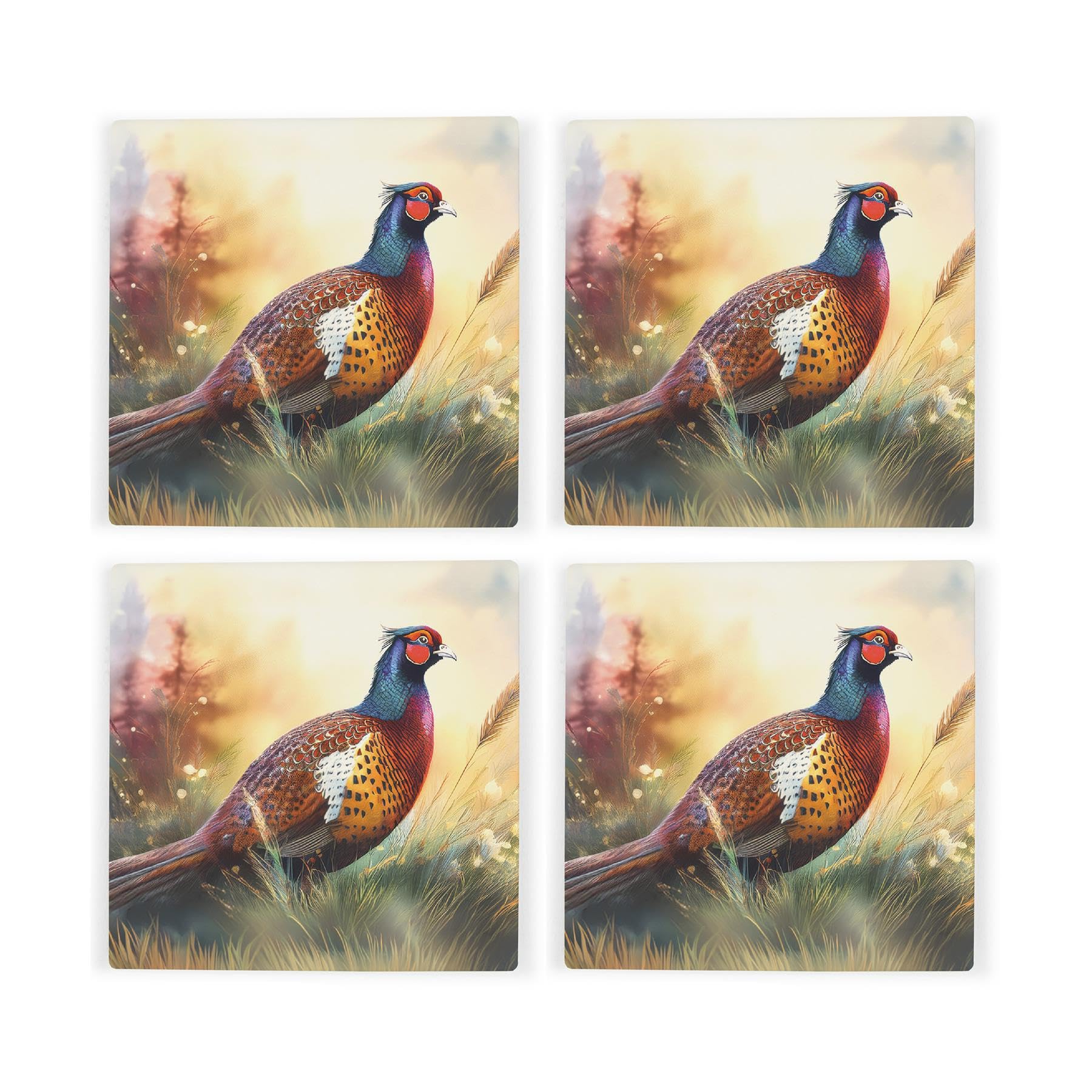 Pheasant Ceramic Coaster Set - Rural Game Animals Gift - Square Drinks Coasters 4 Pack