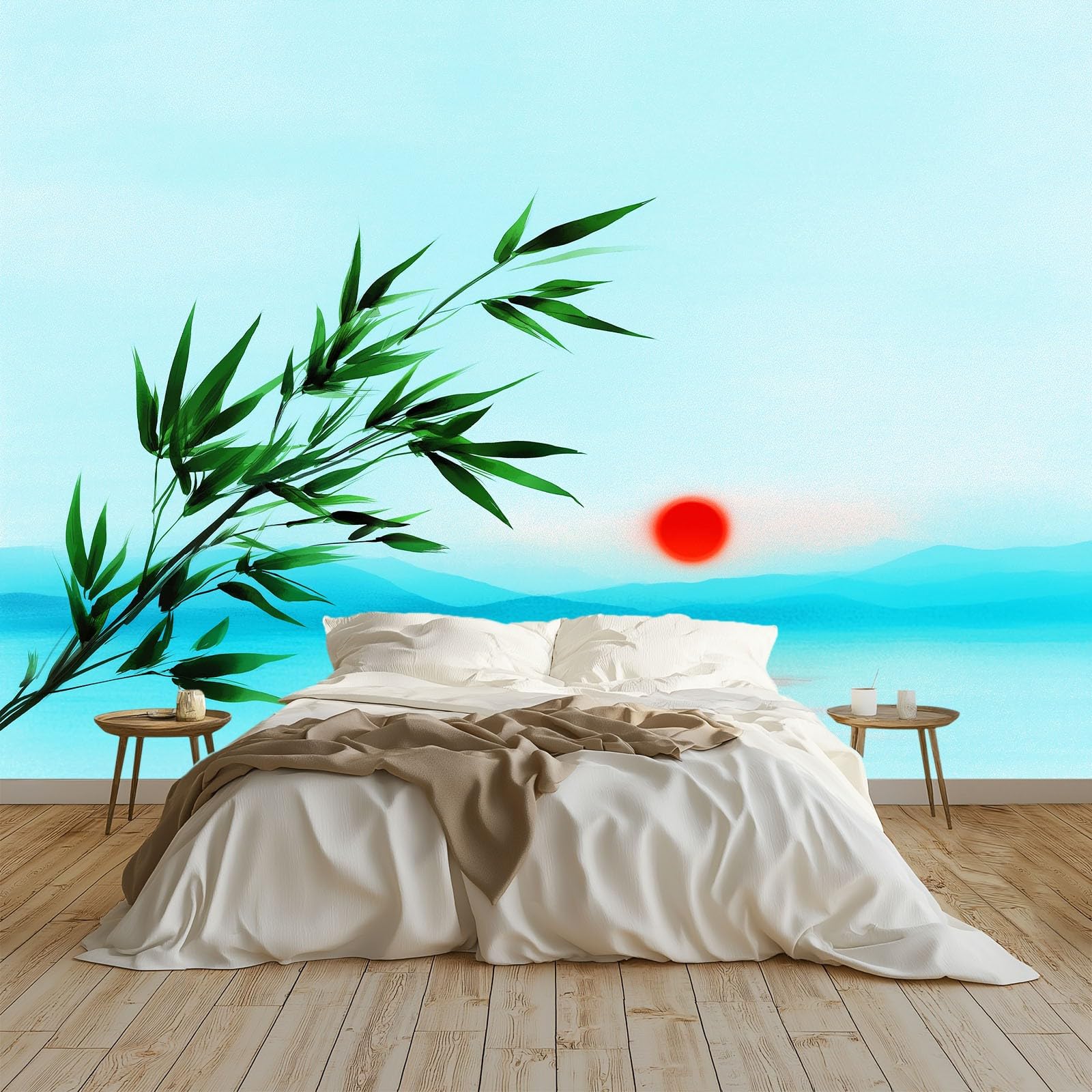 Fototapeta 3D z włókniny, 200 x 140 cm, mural ścienny, orientalny, urok, natura, rośliny, liście bambusa, mural tapeta, niebieska sztuka ścienna do salonu, sypialni, pokoju dziecięcego, telewizora