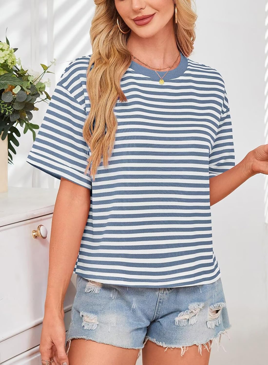 Womens Summer Tops Loose Fit Crewneck Short Sleeve Casual Striped T Shirts Bowknot Cutout Back Tie Wide Boxy Tee - Image 6