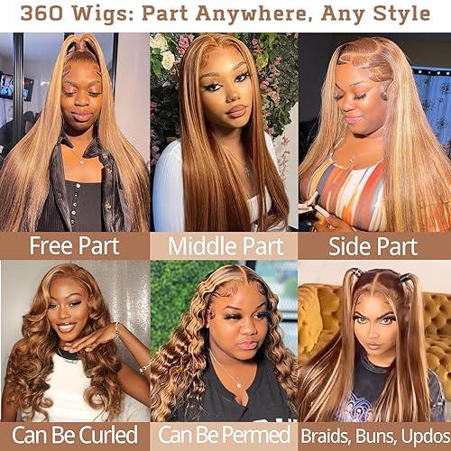 Miniatura 3 de Pelucas de cabello humano con reflejos 360, encaje frontal prearrancado, 20 pulgadas, lacio, densidad del 180 %, rubio miel degradado y marrón,