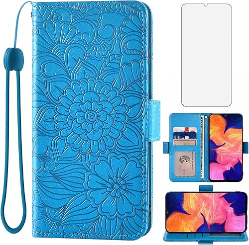 Asuwish Compatible con Samsung Galaxy A10e - Funda tipo cartera y protector de pantalla de vidrio templado, soporte magnético de cuero con tapa para