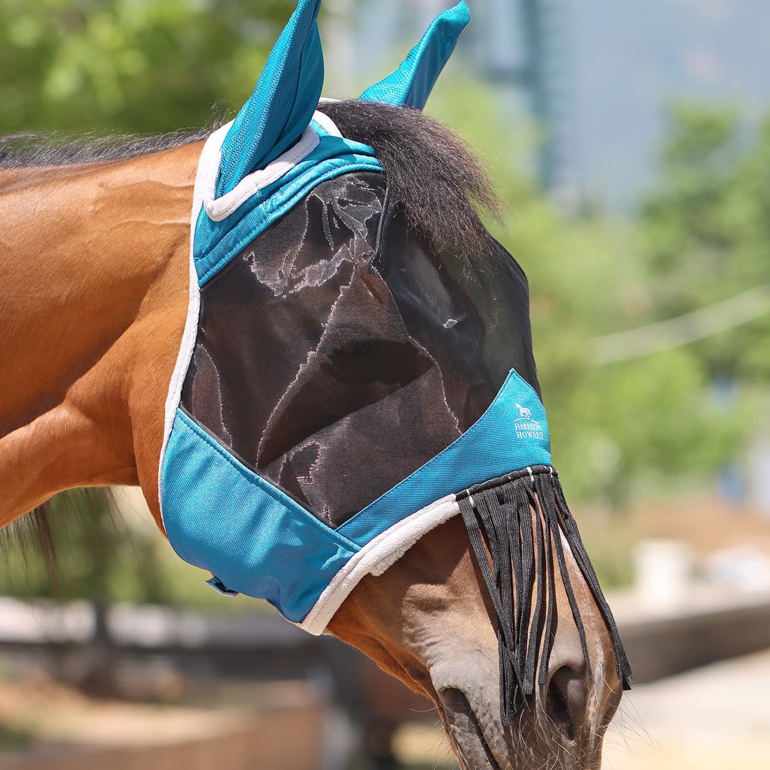Harrison Howard CareMaster Horse Fly mask with Ears and Nose Fringe Fly Protector Defender Mask-Sky Blue : Pet Supplies