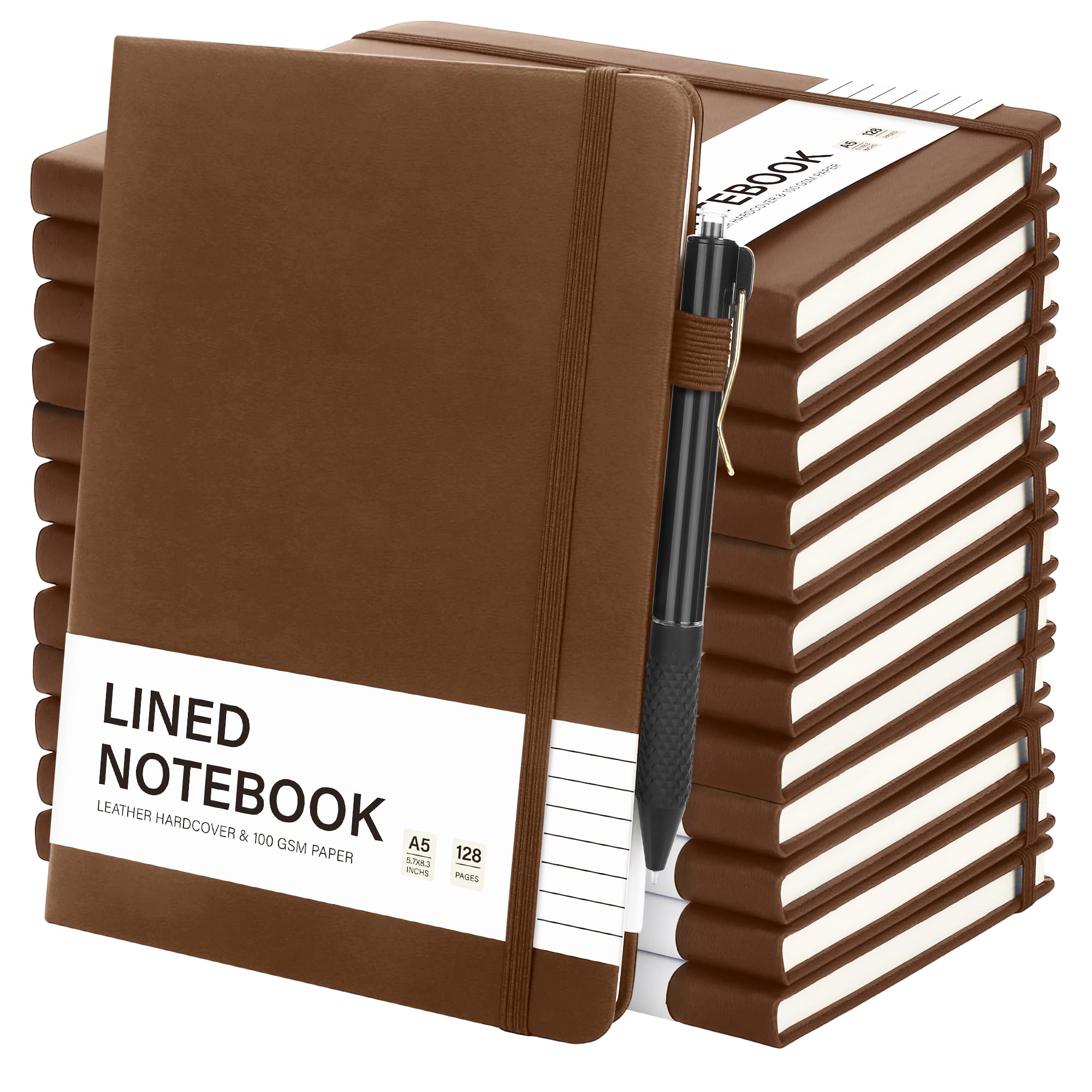 Aodaer Set di 12 quaderni a righe con penne, formato A5, 100 g/m², a righe, con copertina rigida, in pelle PU, con portapenne, per ufficio e scuola, 14 x 21 cm, marrone scuro