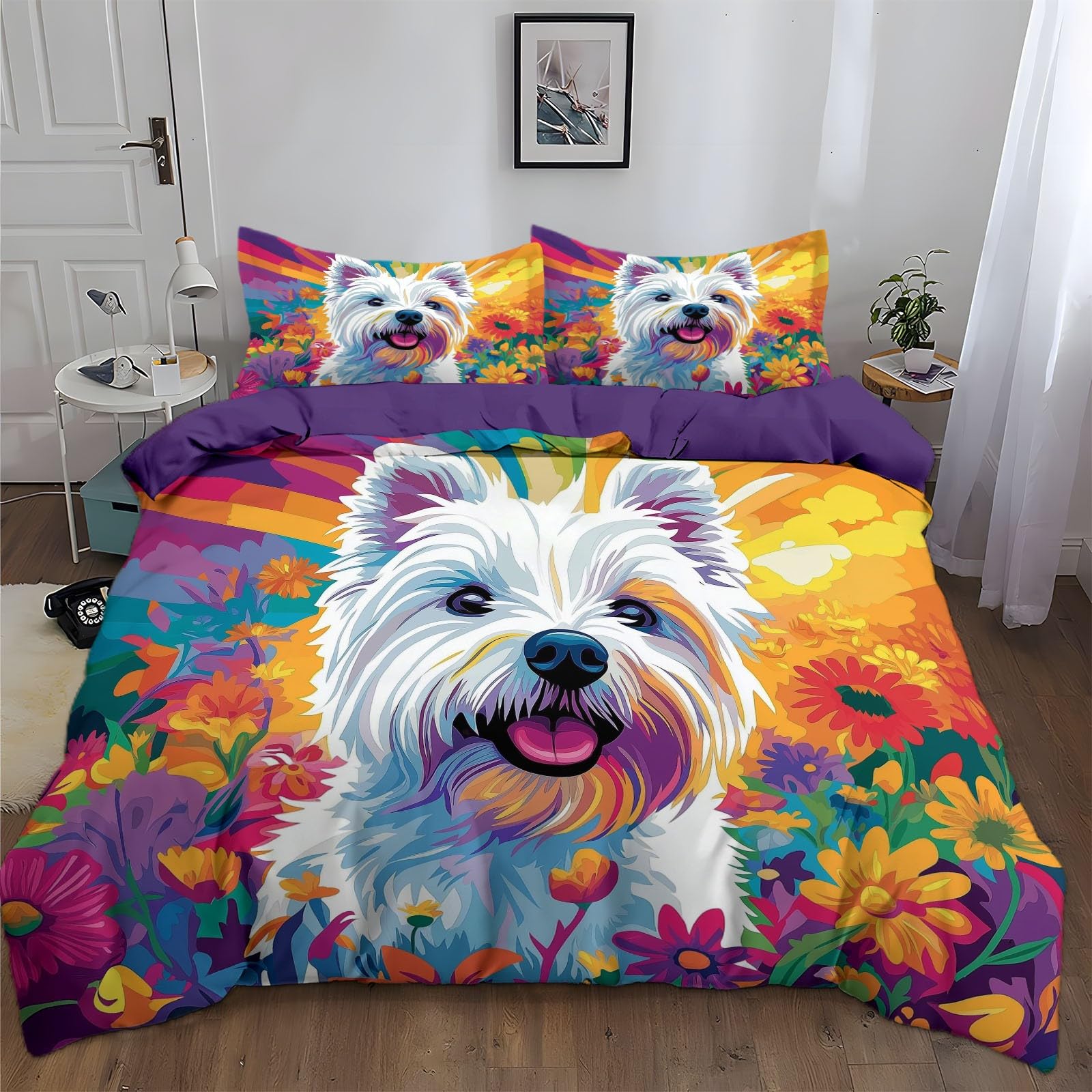Duvet Cover Twin Size Painted Animal Dog Flowers Bedding Duvet Cover Set Room Decor Bedspread Cover Comforter Cover for Kids Teens, Quilt Cover 3D Bedding Set
