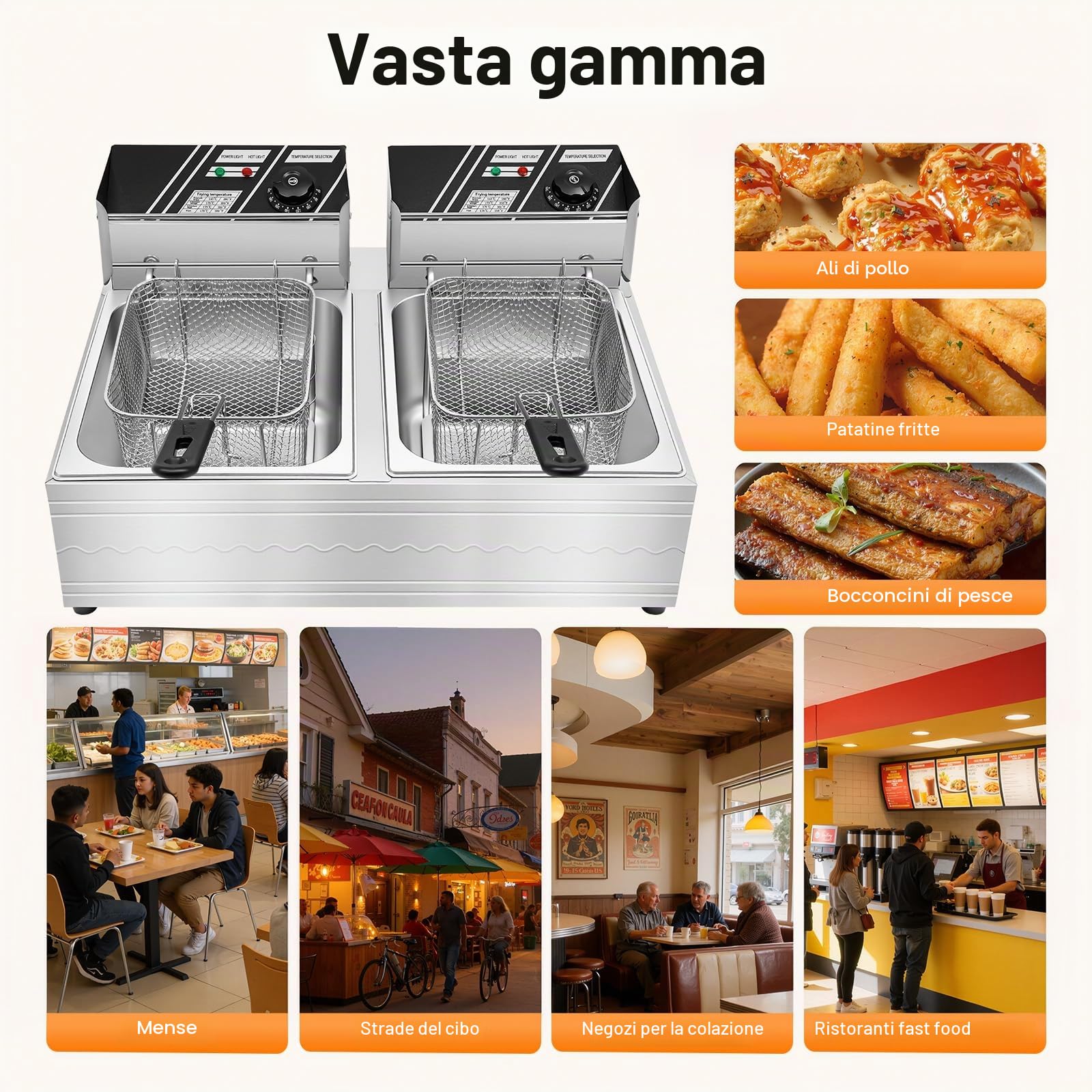 Friggitrice Elettrica Commerciale 2 Vasche da 12 L 2,5 KW Friggitrice ad Olio in Inox con 2 Cesti per Friggitrice e Tempo Regolabile 60-200 °C per Rondelle di Cipolla fritta di Pollo Snack Bar