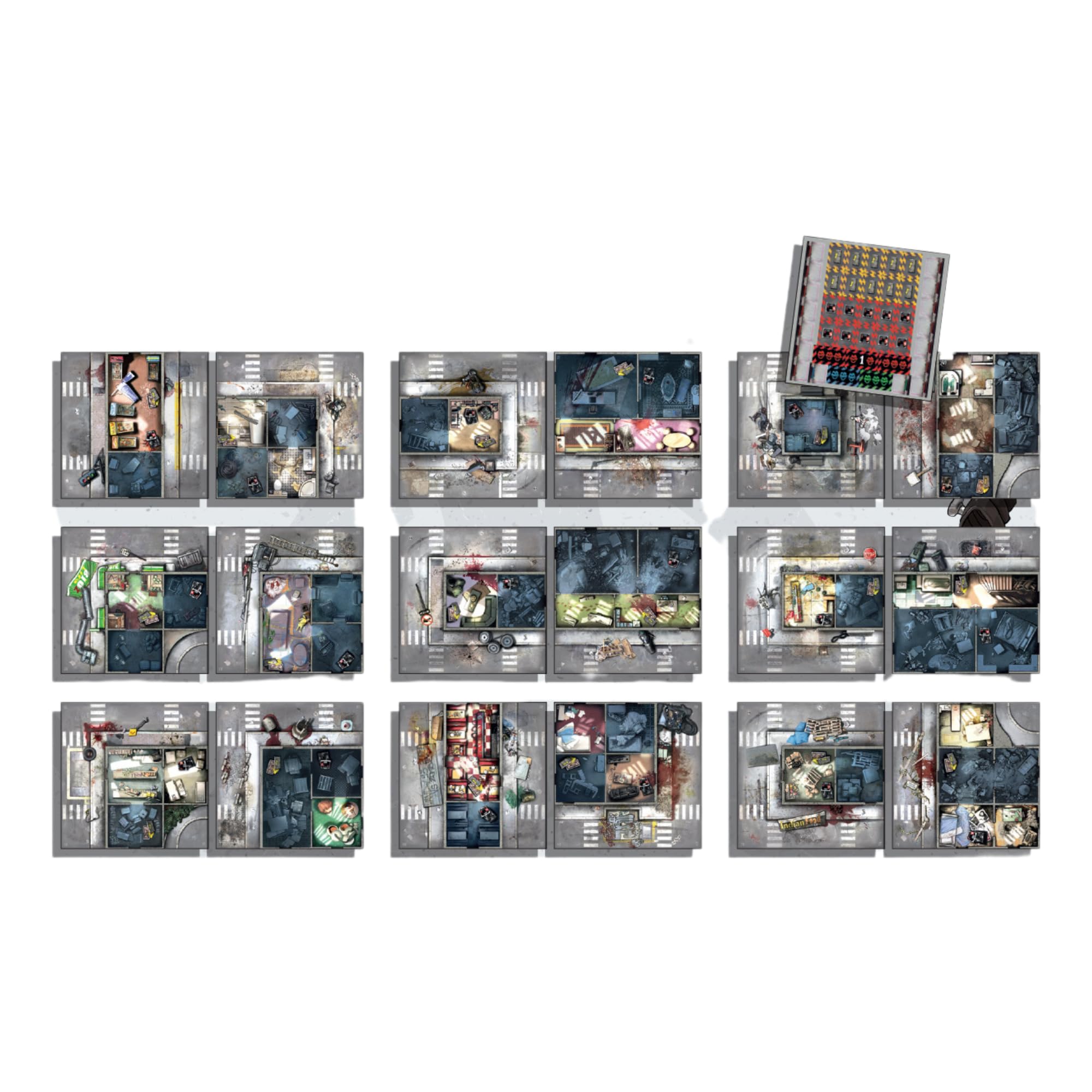 Zombicide 2. edycja, zestaw płytek, strategiczna, gra planszowa, gra kooperacyjna dla nastolatków i dorosłych, zombie, gra planszowa dla dzieci od 14 lat, średnio 1-6 graczy. Czas odtwarzania 1