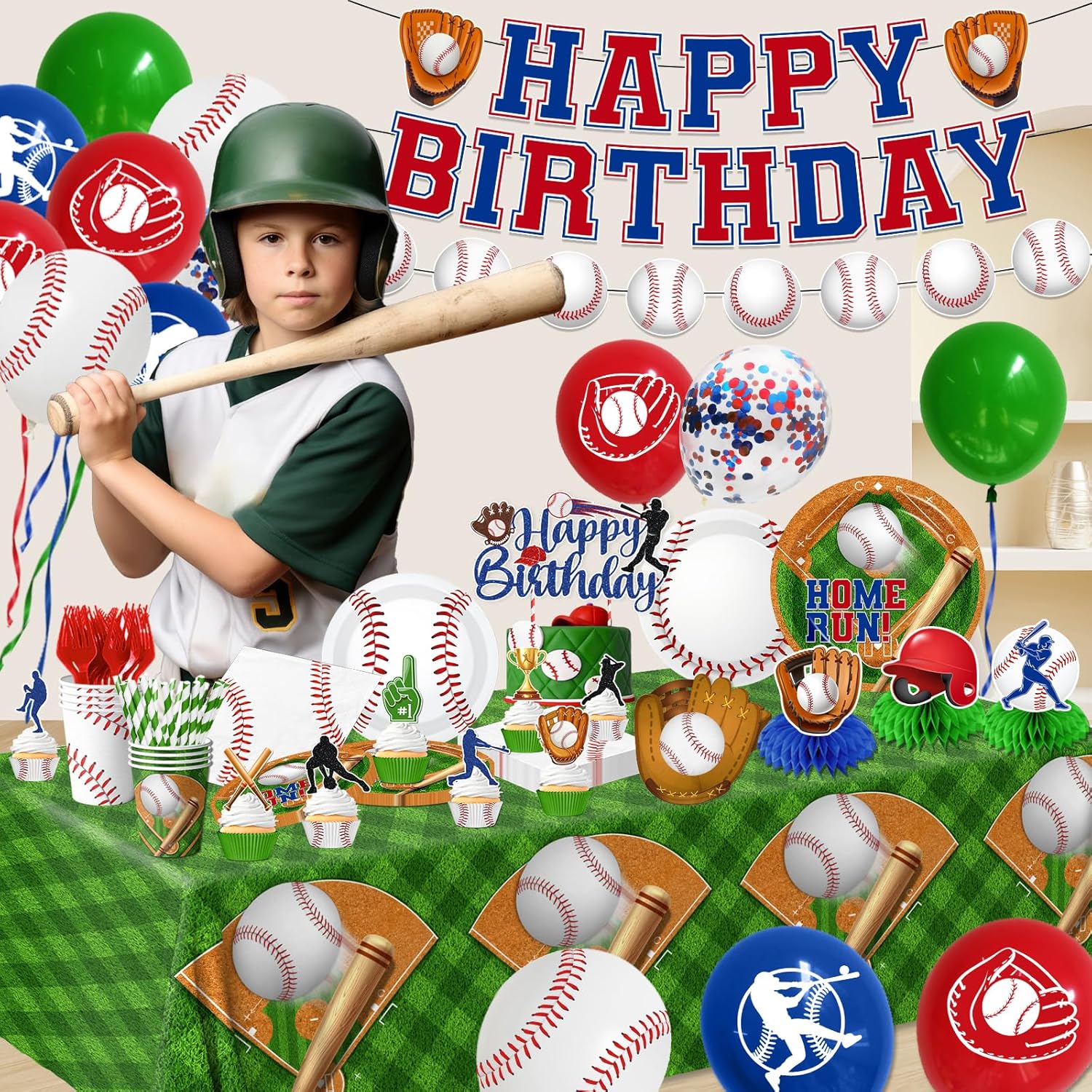 Baseball Party Decorations ,210Pcs Baseball Birthday Party Pack include Baseball Birthday Plates and Napkins, Cake Topper Banner, Large Sport Themed Tablecloth for Boy Party Supplies - Image 2