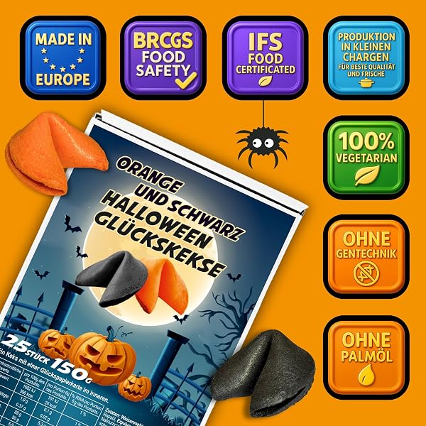 D&D Fun Cookies – Halloween Glückskekse Orange & Schwarz, 25 Stück, Vegetarisch, Vanille Geschmack, Einzeln Verpackt, Mit Sprüchen Deutsch & Englisch, Perfekt Für Party & Gastgeschenke - 3