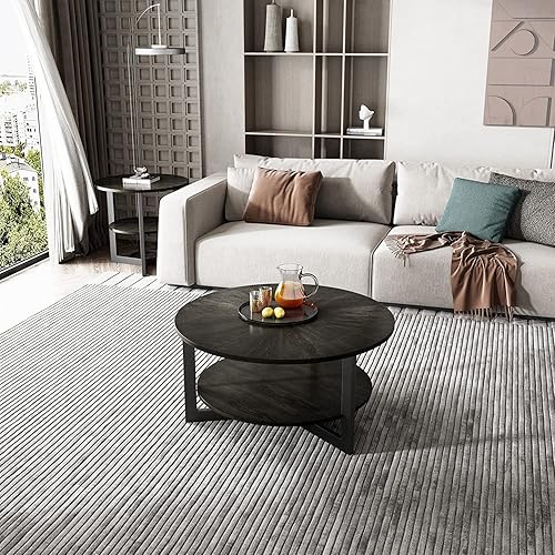 Miniatura 7 de Mesa auxiliar redonda con estante de almacenamiento, mesa central circular de 33.5 pulgadas con patas de metal negro, mesa de cóctel industrial de 2