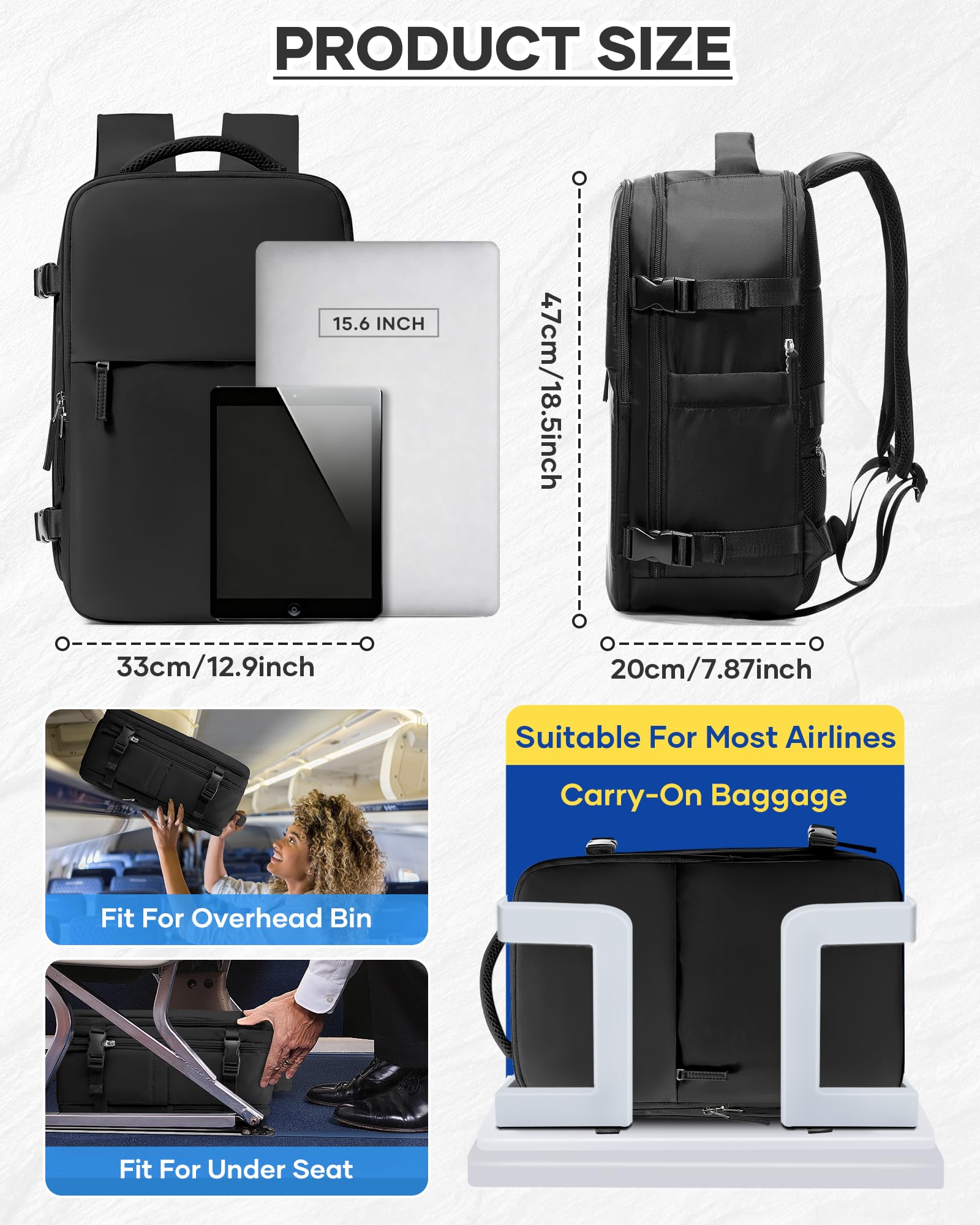 HPLQQ Zaino Sottovuoto da Viaggio con Pompa Borsa da Cabina per Easyjet Aereo Bagaglio a Mano Impermeabile Lavoro e Scuola Trekking Casual Daypack per 14" laptop,F01-Nero