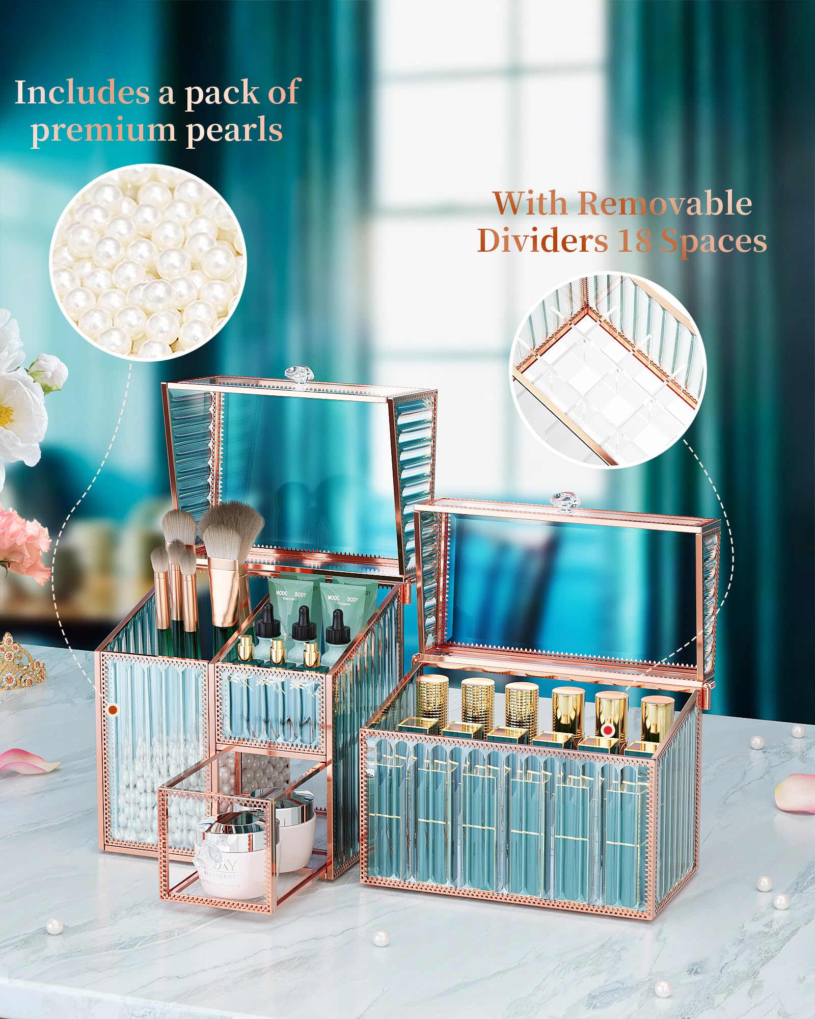 Youdepot Extra Großer Make up Organizer 5-teilig, Kosmetik Organizer aus gehärtetem Glas mit Schubladen, Schmuckbox, Pinselhalter, Skincare, Lippenstift und Parfüm