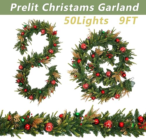 Miniatura 2 de CHILLSUN Guirnalda de Navidad preiluminada de 9 pies con luces, guirnaldas para decoración de Navidad, mantel y exteriores con cono de pino natural,