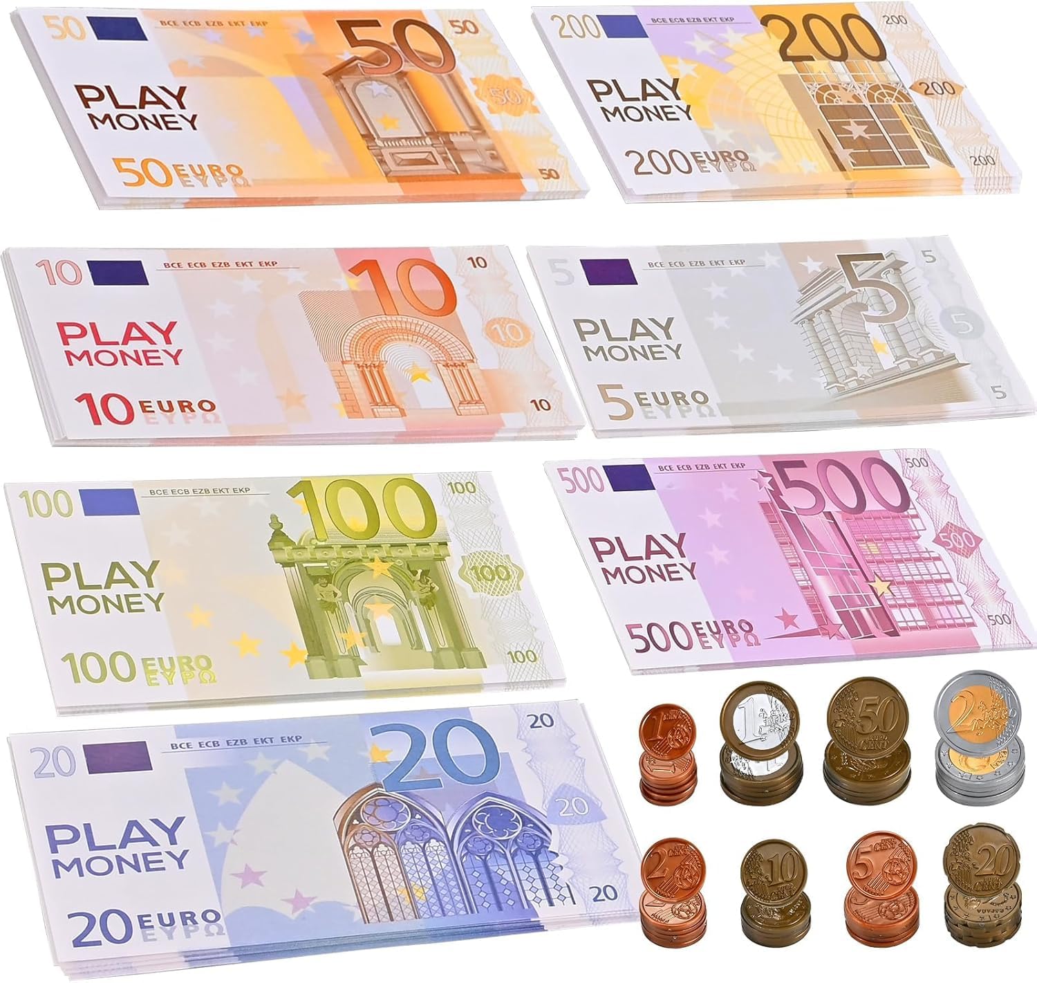 GOLDGE 215 Toy Money for Kids, Fake Banknotes 5, 10, 20, 50, 100, 200 and 500 Toy Banknotes as Learning Materials for Children Cash Register Child Role Play