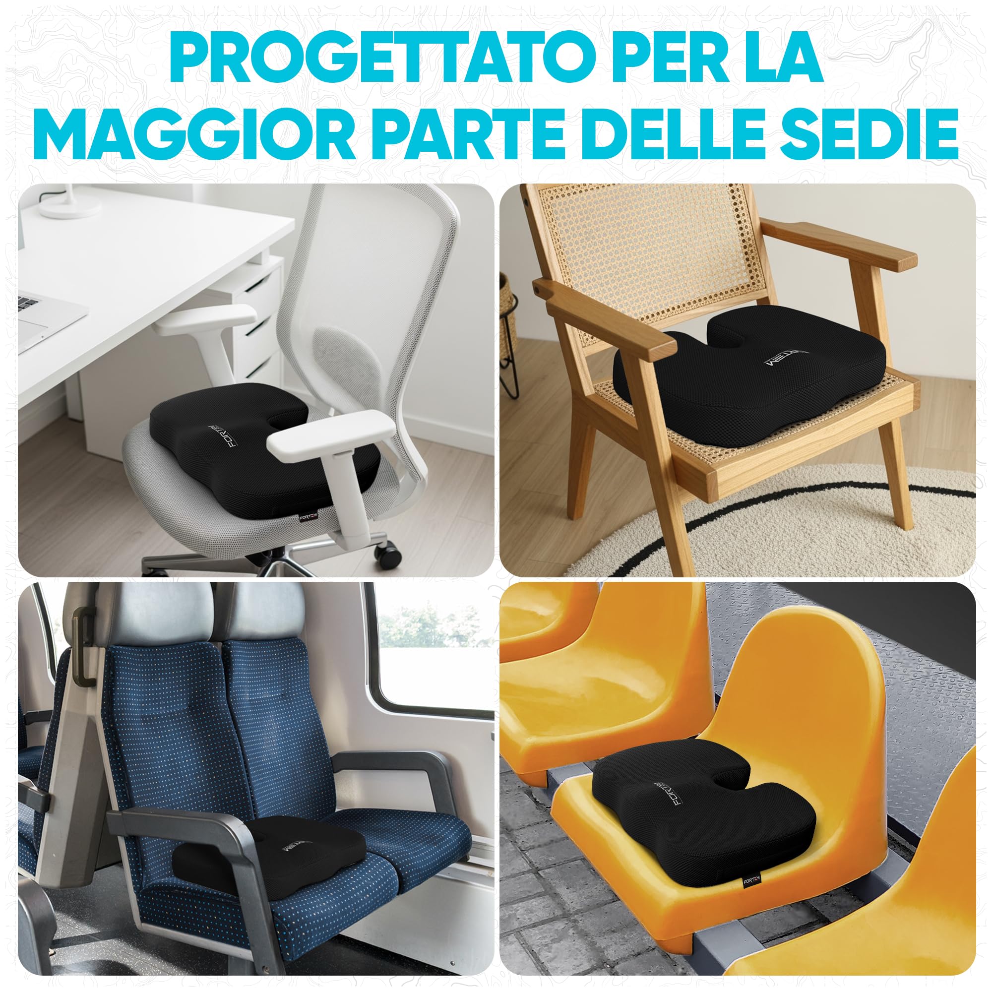 FORTEM Cuscino Sedia Ufficio, Cuscino Memory Foam per Seduta, Sedia Gaming, Poltrona, Supporto Ergonomico, Fodera Traspirante e Lavabile, Base Antiscivolo, Forma a U, per Casa, Lavoro e Viaggi