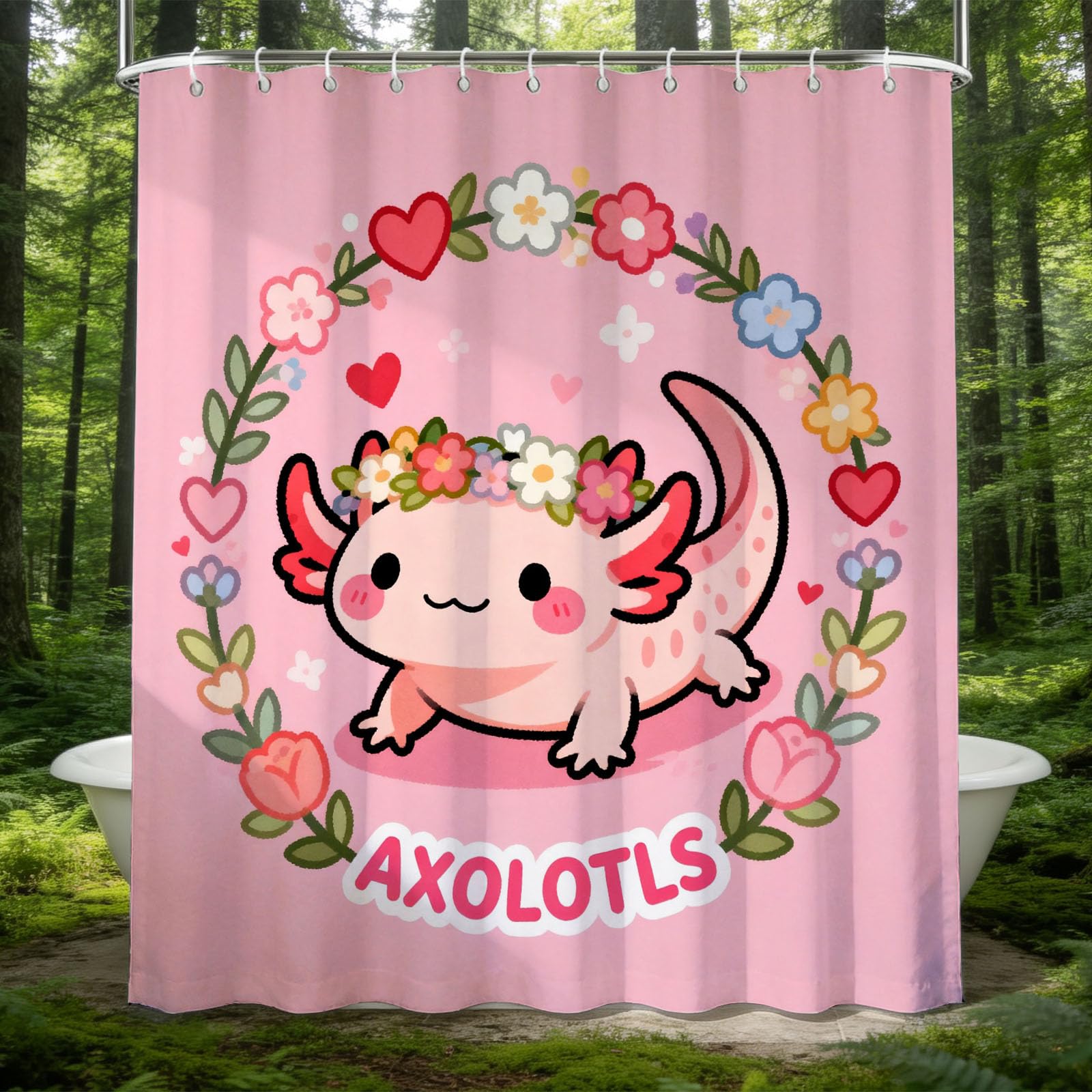 Hongduo 3D Axolotl Shower Curtain for Stalls Bathtubs Cute Animals Bathroom Decor Shower Curtain Set Polyester Fabric Waterproof 180x200cm/71X79 Inch with Hooks
