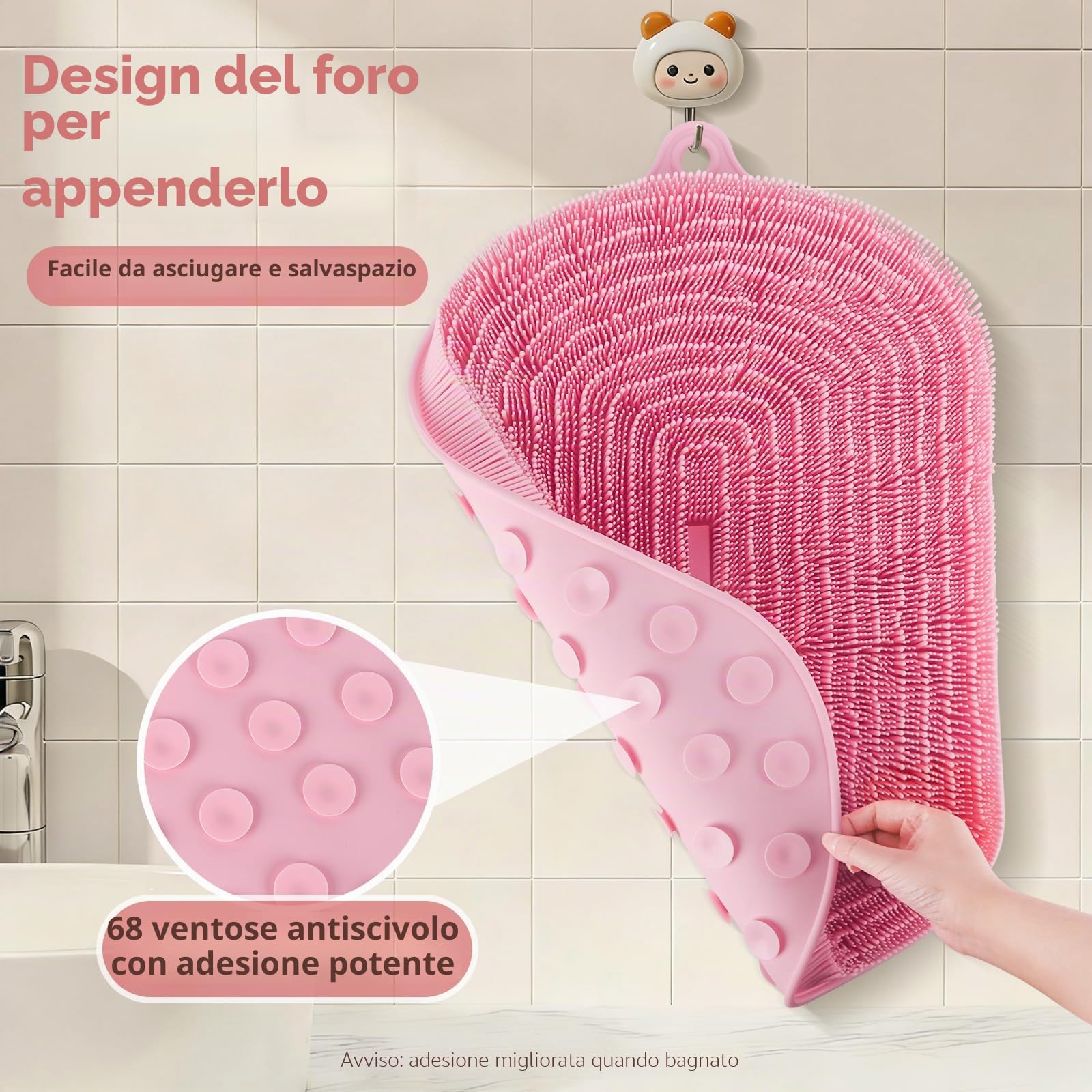 54 x 35,5 cm Silicone Tappetino Doccia Antiscivolo, Rosa | Tappetino Bagno Grande, Scrub Piedi, Rimuove Pelle Morta, Testina Setole Morbide, senza Piegarsi, Spazzola Schiena Doccia
