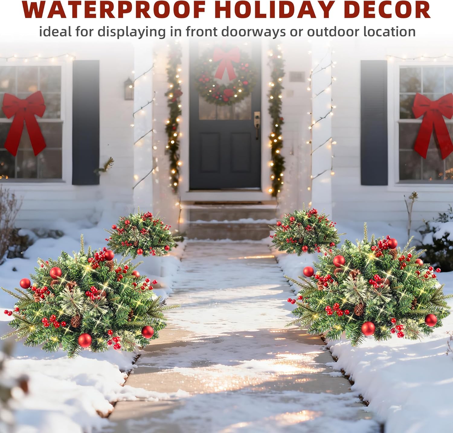 Prelit Outdoor Christmas Tree Urn Filler 2 Set, 20" Mini Artificial Xmax Tree for Porch, Garden, Doorway Christmas Decorations - Warm LED Lights with Realistic Pine Cones, Red Berries & Balls