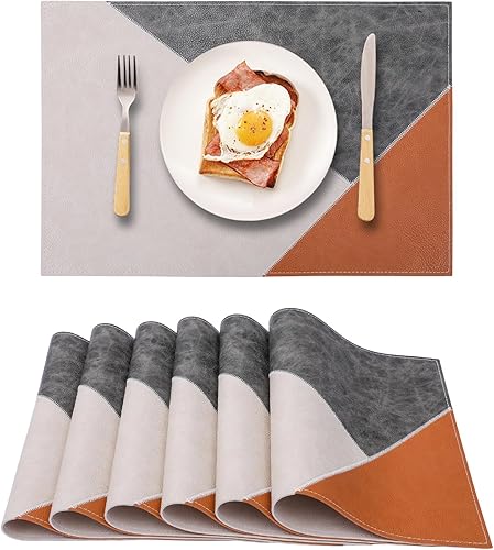 Miniatura 24 de Juego de 6 manteles individuales ovalados reversibles de piel sintética negra y roja, impermeables, resistentes al calor, antideslizantes, lavables,