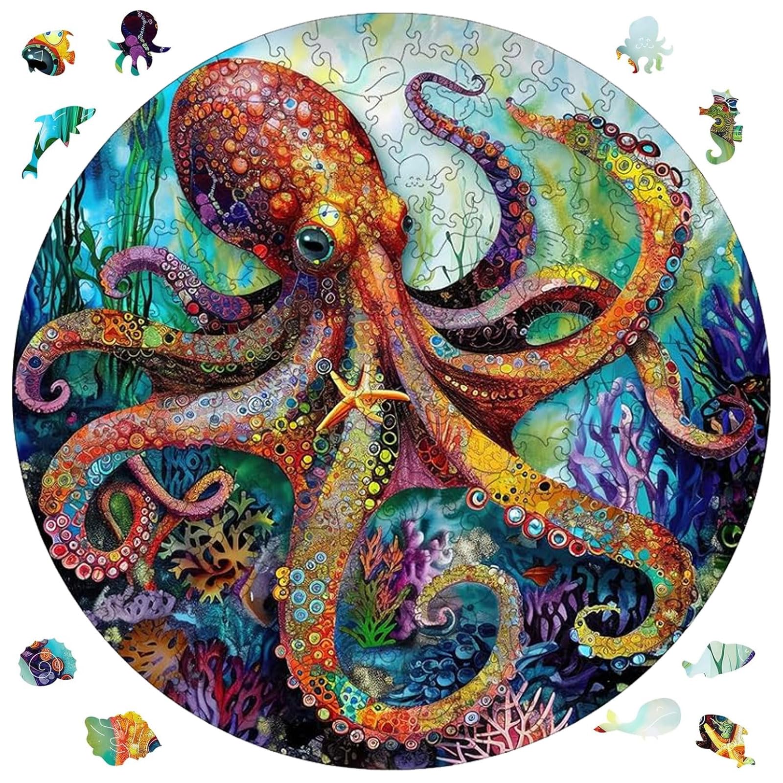 Reouinty Wooden Puzzle for Adults 500 Piece, Octopus Ocean Jigsaw Puzzles, Unique Shape Animal Adult Puzzles, Wall Decor, Wood Gift for Adults and