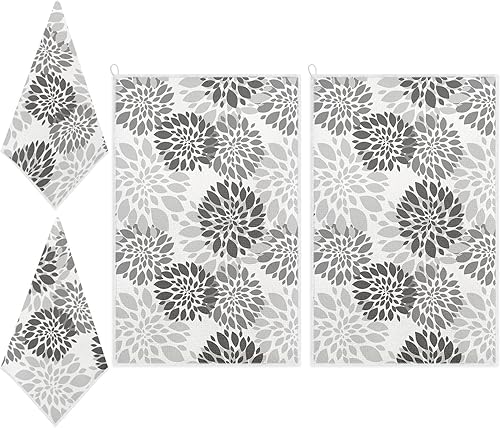 Miniatura 1 de Juego de 2 toallas de cocina florales vintage gris y negro, 18 x 28 pulgadas, microfibra suave, reutilizable, súper absorbente, juego de 2 toallas