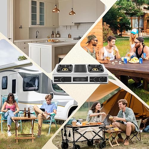 Miniatura 5 de CAMPLUX - Estufa de cocina de gas propano de 3 quemadores con 1 placa de parrilla, 26,000 BTU de acero inoxidable, triple quemador de propano para