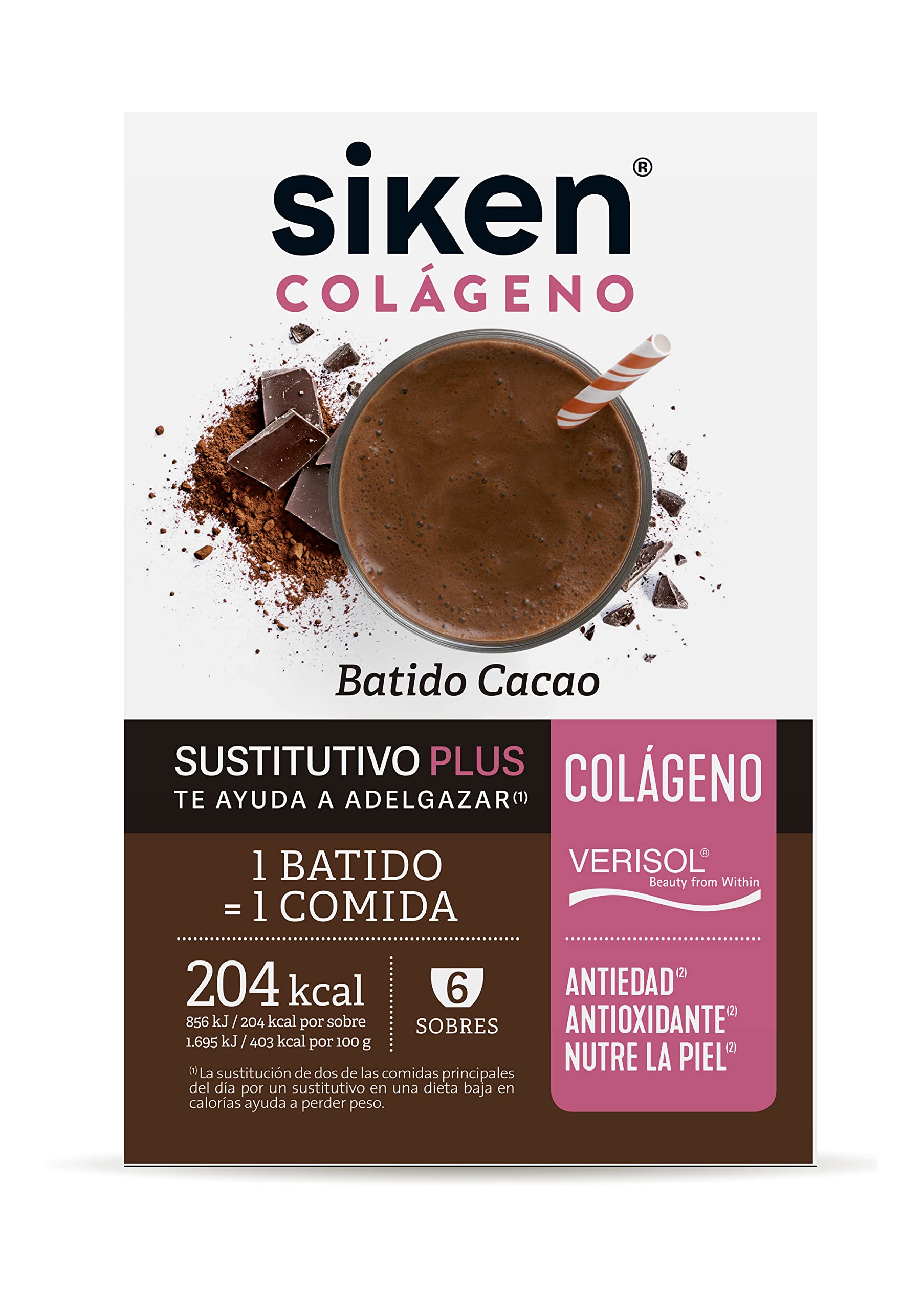 Siken Colágeno Batido Sustitutivo Plus Control de Peso Cacao Estuche 6 Sobres 50 g