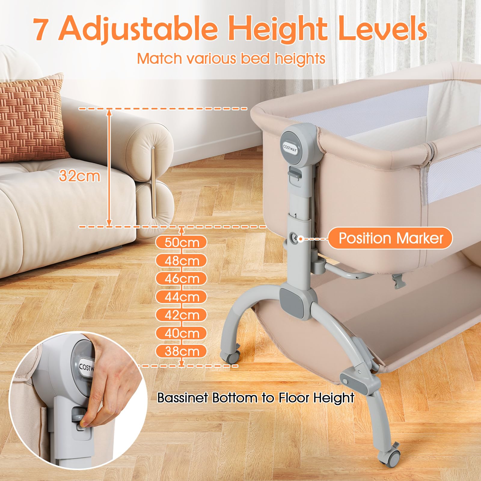 LIFEZEAL Cododo regolabile in 7 altezze, culla pieghevole con borsa portaoggetti, culla in tessuto Oxford con materasso e ruote universali, capacità 9 KG, 95x65x73,5-85,5 CM (beige)