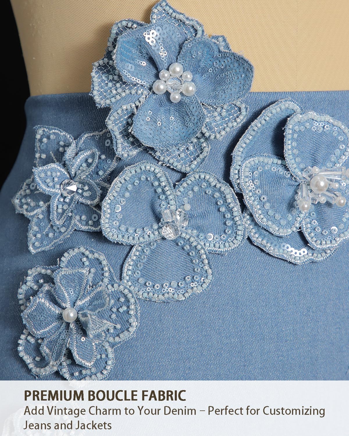 Beaded Flower Appliqué Patches 6pcs Handmade Sew-On Luxury Embroidered Floral Decorations for Wedding Dress Evening Gown Jackets Handbags DIY Crafts (Denim - Light Blue)