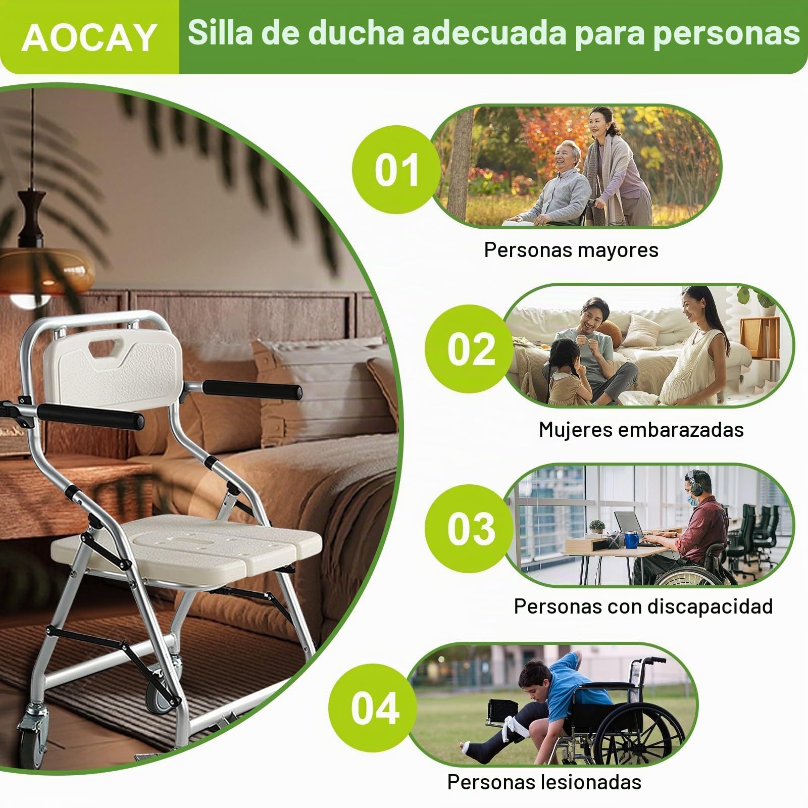 Silla de Ducha con Ruedas para Personas Mayores, Silla con Ruedas para Ducha, Silla Baño Ancianos Ducha, Taburete Ducha para Mayores con Reposabrazos y Reposapiés Plegables