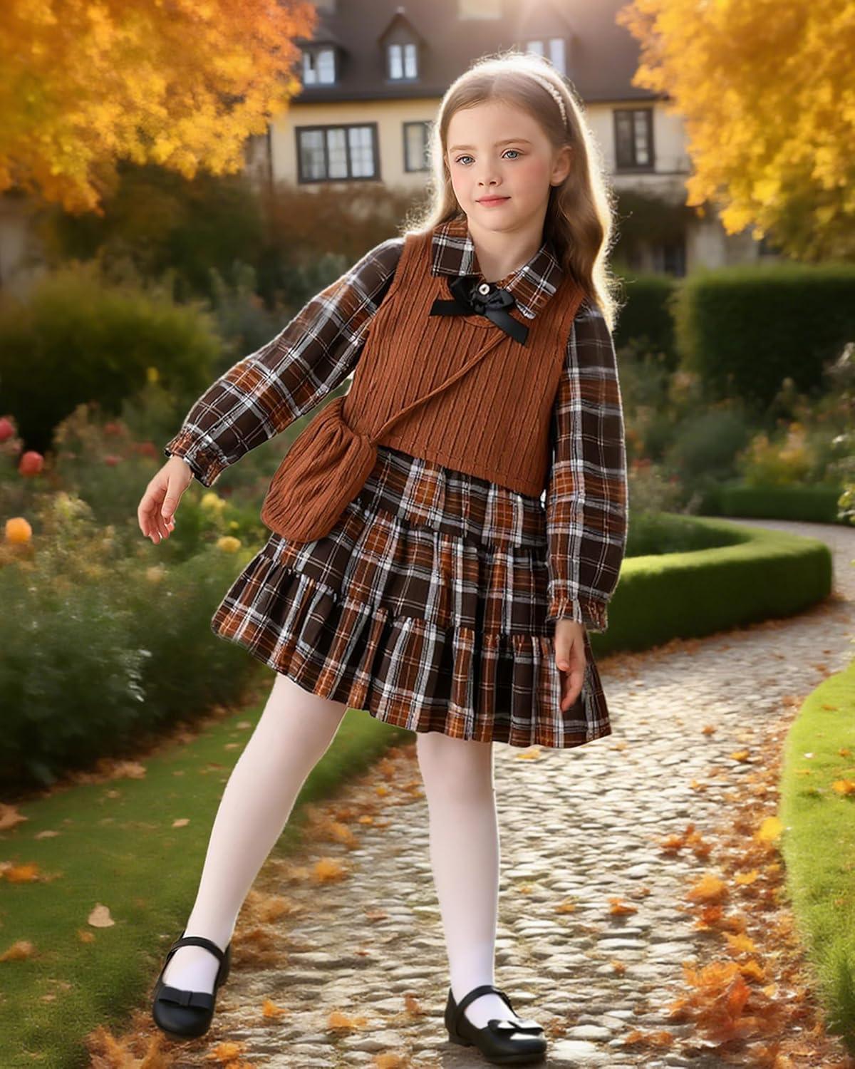 Toddler Little Girls Dress Fall Winter Clothes Long Sleeve Shirt Dresses and Knit Vest Set Kids Girls Outfits - Image 2