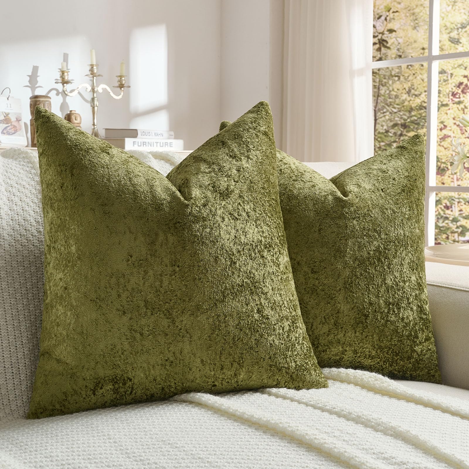 FUTEI Set of 2 Soft Flannel 65x65 cm Cushion Covers Crushed Textured Solid Scatter Euro Pillow Shams 65 x 65 cm Modern Accent for Sofa Bedroon Living Room, Moss Green