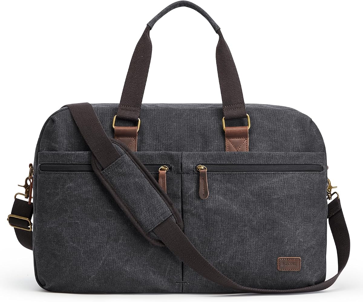 S-ZONE Bolsa de lona expandible para viajes Bolsas de fin de semana de lona Hombres Mujeres | Resistente al agua, Diseño expandible, Múltiples bolsillos, Funda tipo carrito, Tamaño de mano, Correa ajustable, Negro