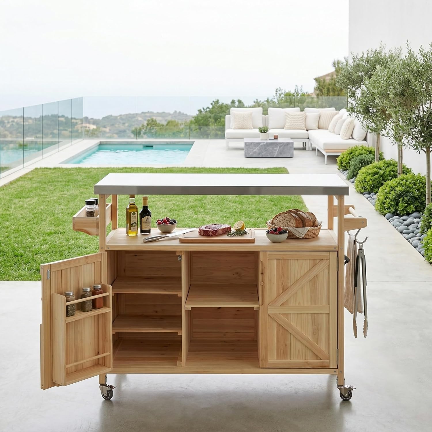 50.25" Outdoor Kitchen Island on Wheels, Rolling Kitchen Island with Storage, Mobile Fir Wood Kitchen Cart with Stainless Steel Top, Spice & Towel Rack (Natural)