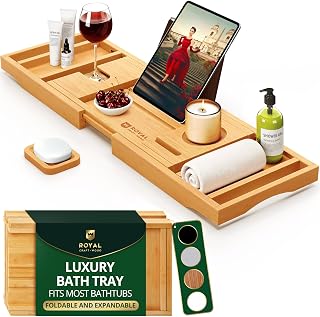 Royal Craft Wood Expandable Bamboo Bathtub Tray Caddy - Foldable Bath Shelf for Spa Relaxation, Tub Accessories & Mom Gifts