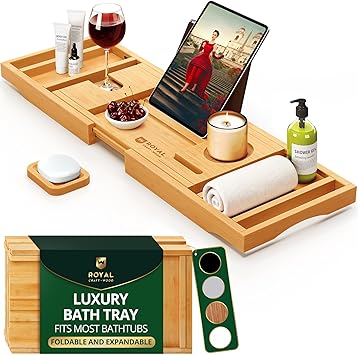 ROYAL CRAFT WOOD Bathtub Tray Caddy for Tub, Bamboo Bath Shelf, Premium Foldable Wood Bath Table, Expandable Bathtub & Bathroom Accessories, New Home Gifts for Mom, Housewarming, Anniversary, Wedd...