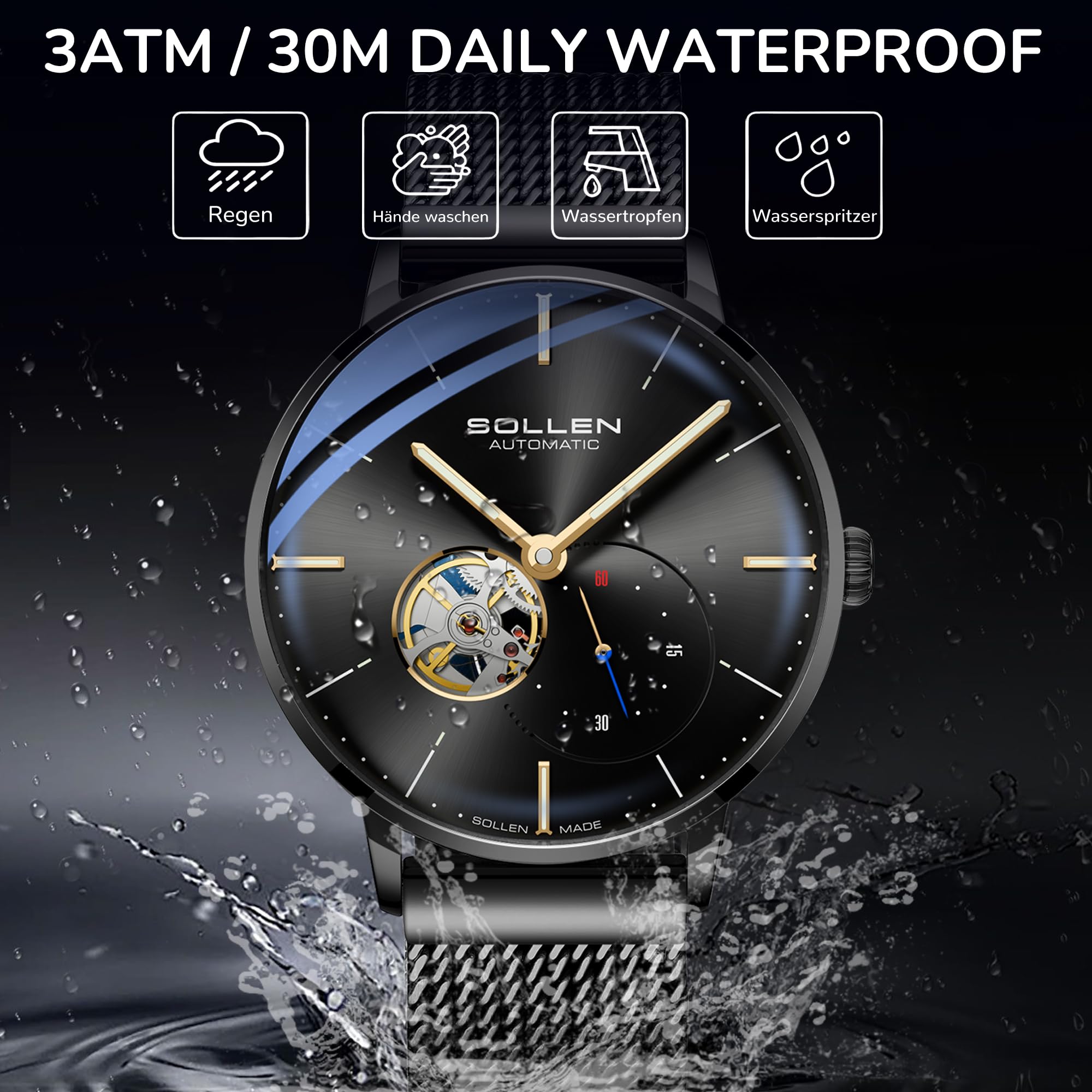 SOLLEN Automatikuhren Herren mit Skelettzifferblatt,Automatische Herrenuhren,Originales Mechanisches Uhrwerk,Leuchtend Selbstaufzug Herrenuhr mit Sekundenzeiger,Armbanduhren als Geschenk für Männer