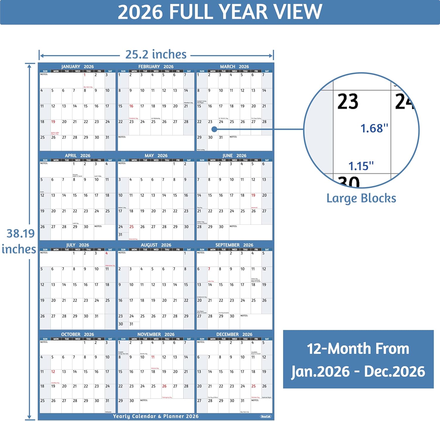 2026 Yearly Wall Calendar - Large Yearly Calendar 2026, Jan 2026 - Dec 2026, 25.2" x 38.2" (Open), 2026 Calendar, Large Wall Calendar 2026, Full Year Paper with Notes, Thicker Paper - Light blue - Image 4