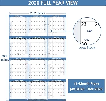 2026 Yearly Wall Calendar - Large Yearly Calendar 2026, Jan 2026 - Dec 2026, 25.2 x 38.2 (Open), 2026 Calendar, Large Wall Calendar 2026, Full Year Paper with Notes, Thicker Paper - Light blue