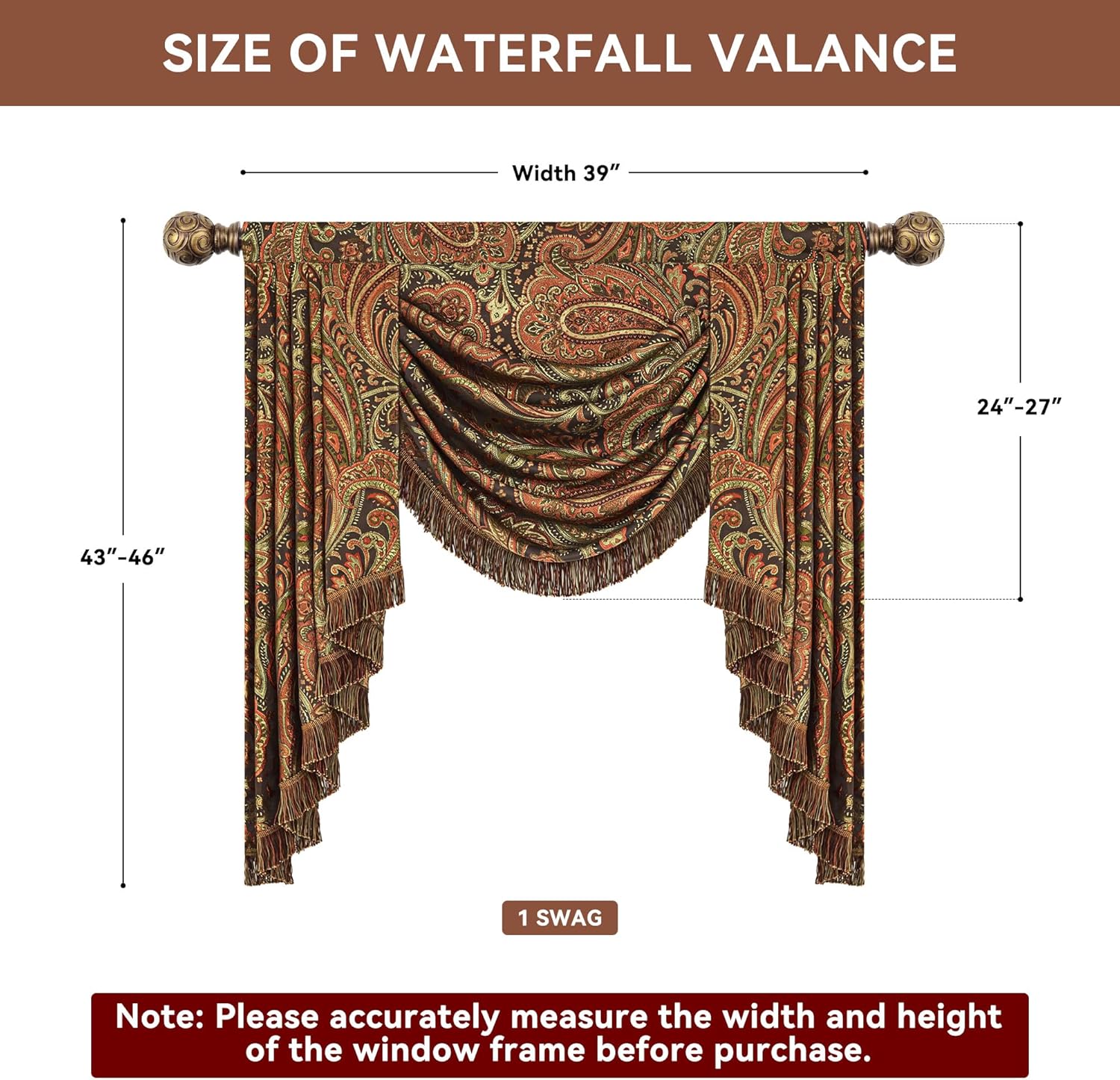 Loom and Mill Vintage Jacquard Waterfall Valance for Living Room Bedroom, Classic Paisley Swag Window Valances with Tassels, Luxury Swag Curtains for Banquet Holiday Decoration(W39Inch,1 Panel)
