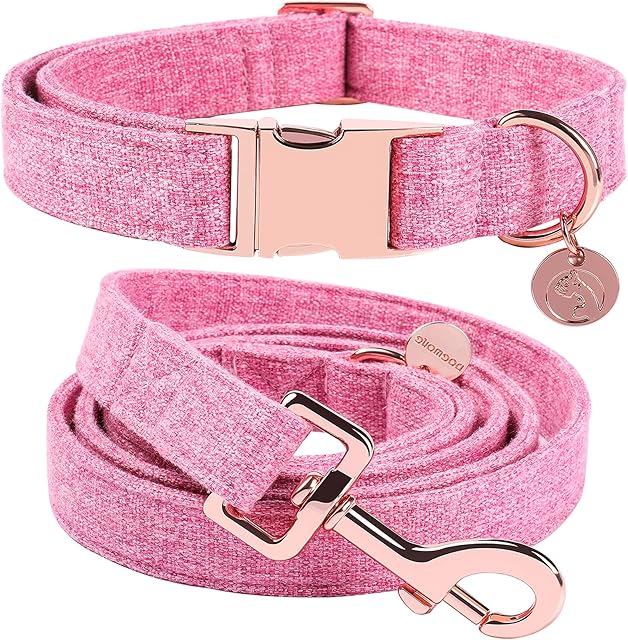 DOGWONG Cotton Dog Collar and leash Pink Pet Collar Durable Adjustable for Small Medium Large Dogs