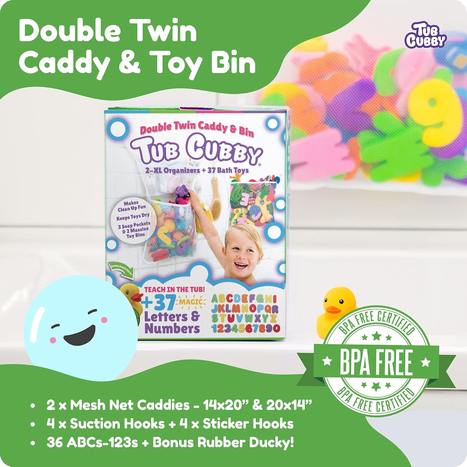 Original Tub Cubby Bath Toy Storage 2-Pack & Bath Toys - Hanging Bath Toy Holder, Mesh Net Shower Caddy with Suction & Adhesive Hooks - 36 ABC Soft Foam Letters and Numbers - Bonus Rubber Duck & Hooks : Toys & Games