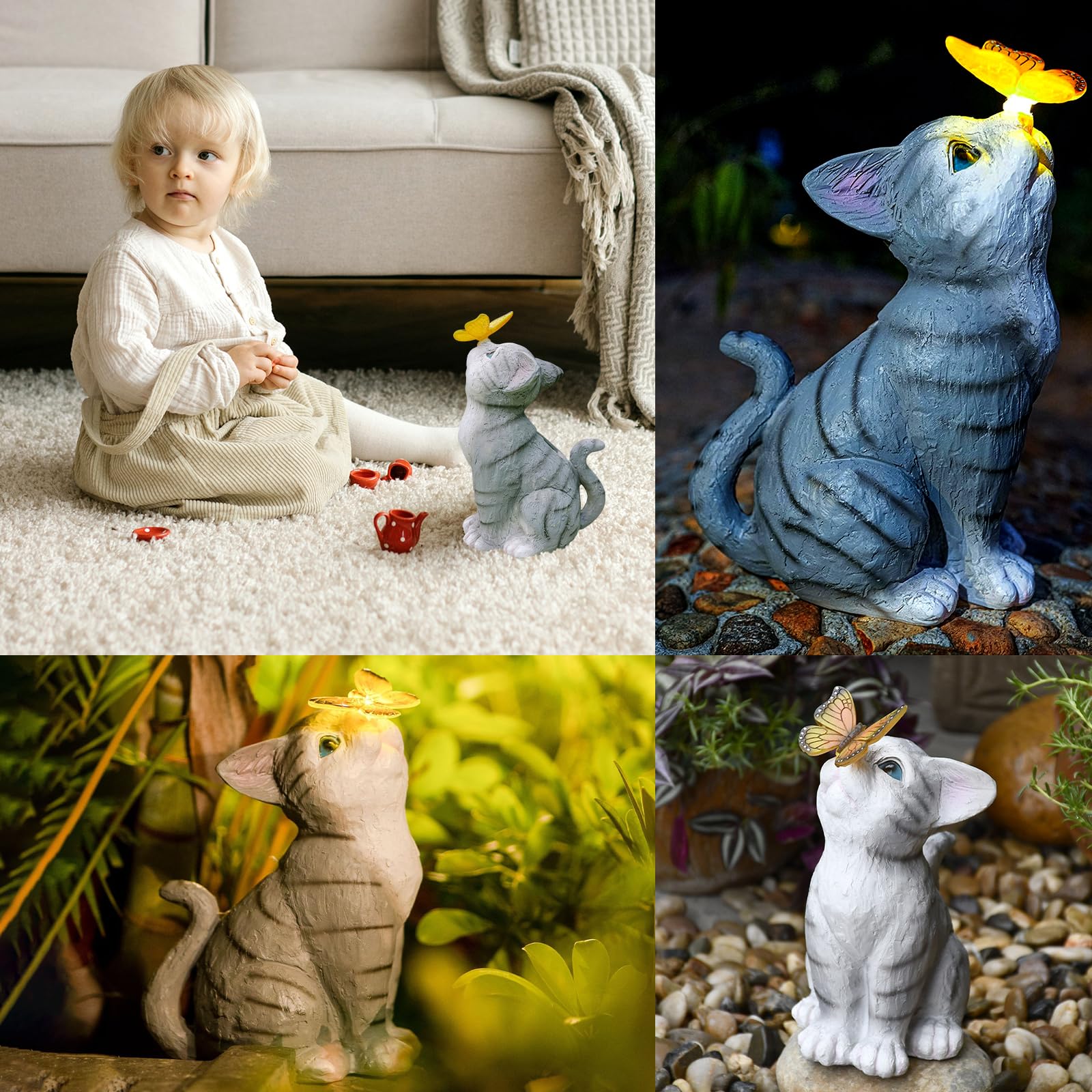 Decorazione di Statue di Gatto da Giardino con Lampada Solare - Statue da Esterno per gli Amanti dei Gatto, Regalo di Inaugurazione della Casa per Patio, Cortile, Giardino