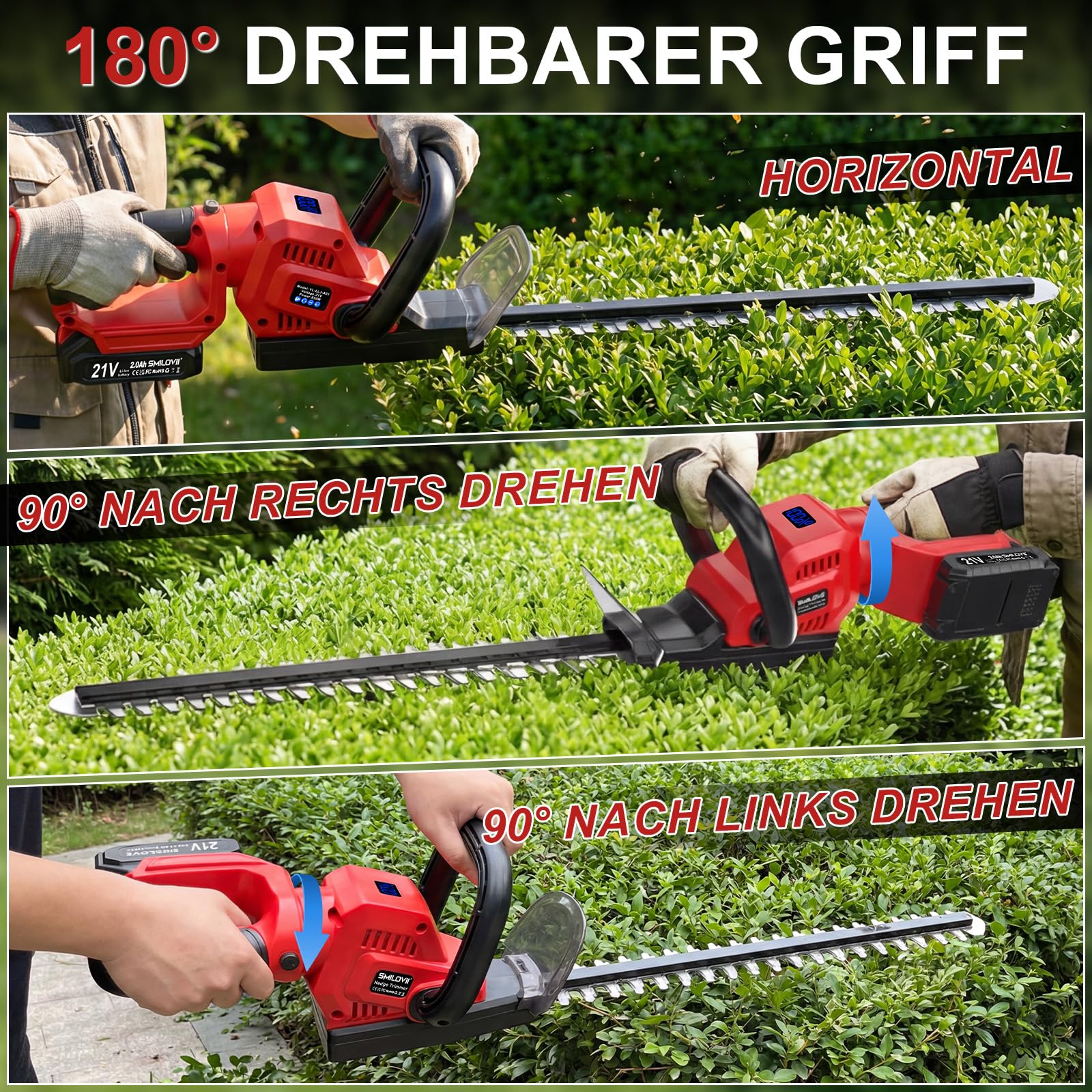 Cortasetos Inalámbrico SMILOVII 21V 850W, Cuchilla 50cm, 2 Baterías 2Ah y Cargador, Mango Giratorio 180° y Diseño Ergonómico para Jardín y Setos