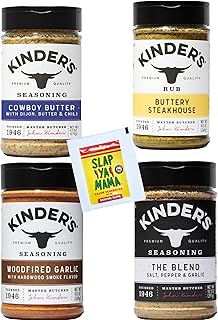 Seasoning Set by KINDERs Pantry Essentials, 4 Pack, 10.5 oz The Blend, 9.5 oz Buttery Steakhouse, 9.5 oz Woodfired Garlic, 9.4 oz Cowboy Butter, With Bonus Slap Ya Mama Original Blend Gift Packet Gluten Free, Non-GMO