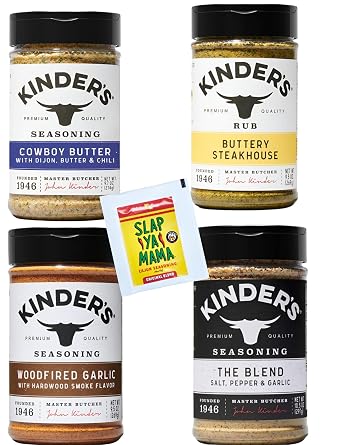 Seasoning Set by KINDERs Pantry Essentials, 4 Pack, 10.5 oz The Blend, 9.5 oz Buttery Steakhouse, 9.5 oz Woodfired Garlic, 9.4 oz Cowboy Butter, With Bonus Slap Ya Mama Original Blend Gift Packet Gluten Free, Non-GMO